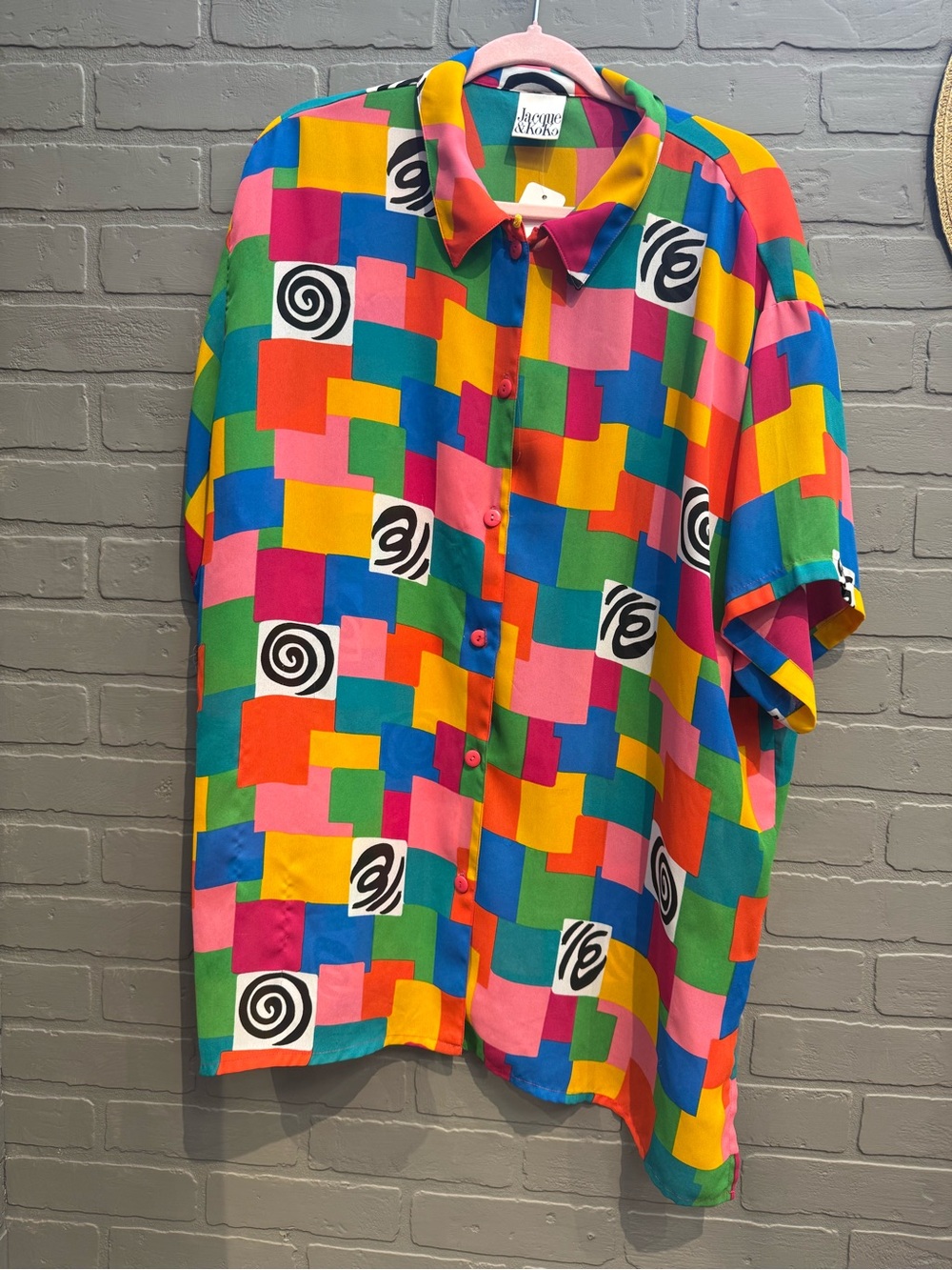 Vibrant Geo Block Short-Sleeve Button-Down Shirt - Multicolor